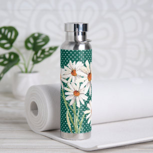 Watercolor Daisy Bouquet On Quilted Dots Water Bottle