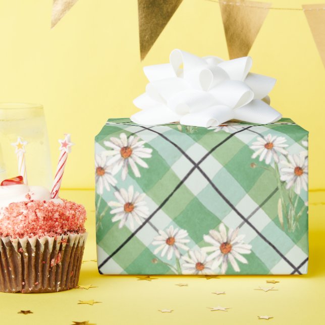 Watercolor Daisy Bunch On Green Plaid Wrapping Paper (Birthday Party)