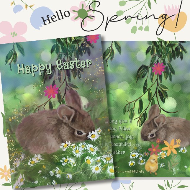 Watercolor Daisy Bunny Hand Painted Holiday Card (Watercolor Daisy Bunny Painted Holiday  )