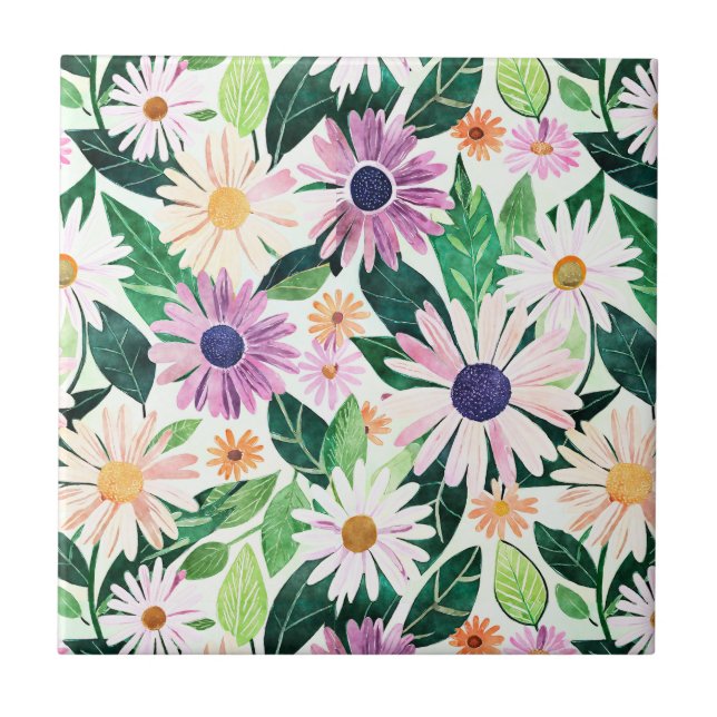 Watercolor Daisy design Ceramic Tile (Front)