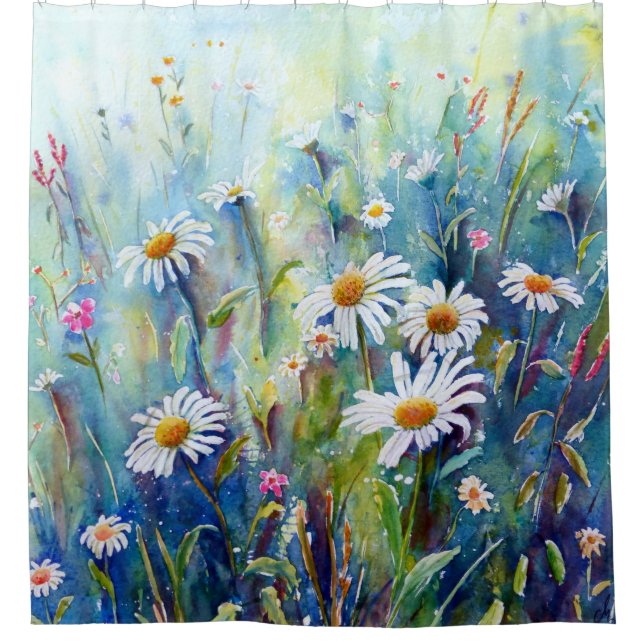 Watercolor Daisy Field Shower Curtain (Front)