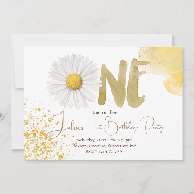 Watercolor daisy first Birthday Invitation (Front)