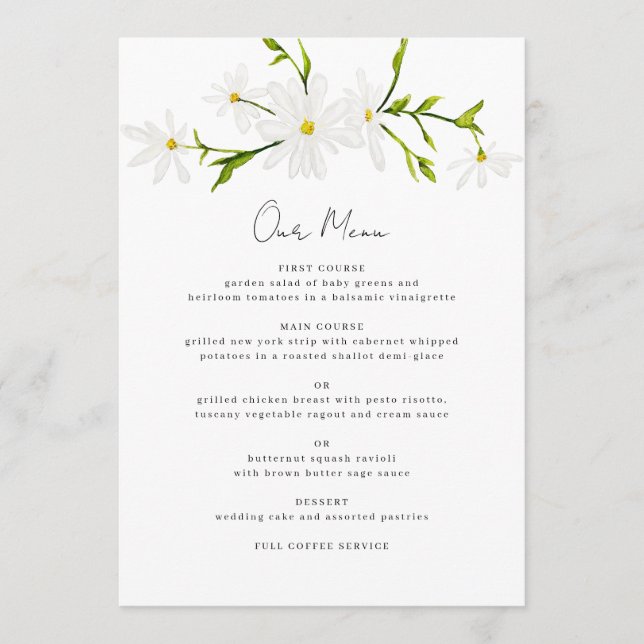 Watercolor Daisy Floral Wedding Reception Menu (Front)