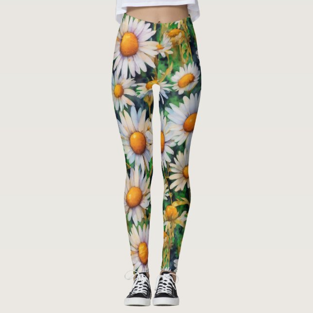 Watercolor Daisy Flowers Garden Leggings (Front)