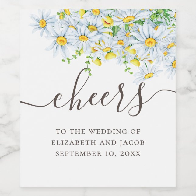 Watercolor daisy. Rustic floral script wedding Wine Label (Single Label)