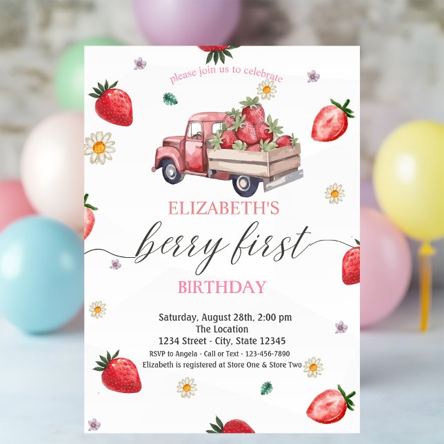 Watercolor Daisy Strawberry Truck Baby Shower Invitation (Creator Uploaded)