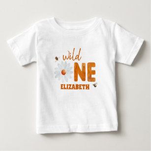 Watercolor Daisy Wild One 1st Birthday Girl Name B Baby T-Shirt