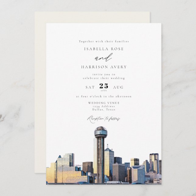 Watercolor Dallas Texas Skyline Wedding Invitation (Front/Back)