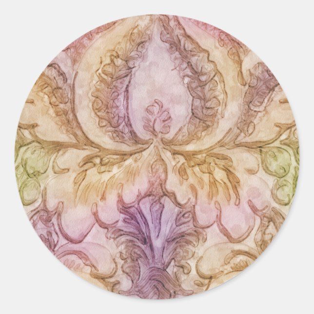 Watercolor Damask Classic Round Sticker (Front)