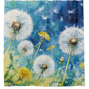 Watercolor Dandelion Dreams Geometric Floral Shower Curtain