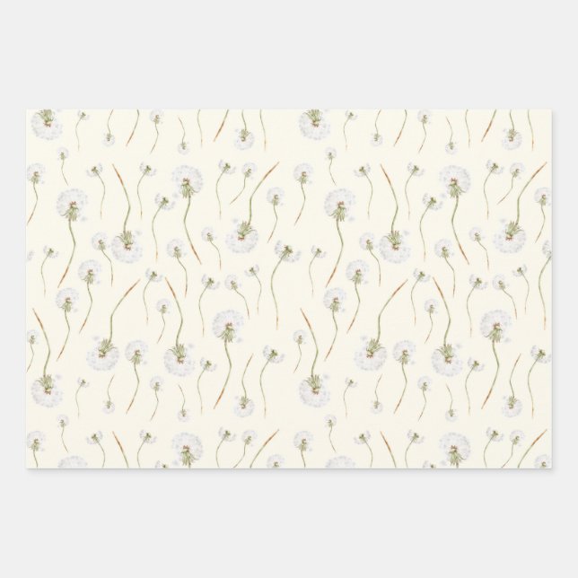Watercolor Dandelion Flowers Seamless Pattern Wrapping Paper Sheet (Front)