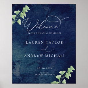 Watercolor Dark Blue Greenery Rehearsal Dinner Poster