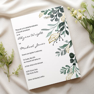 Watercolor dark green gold botanic foliage Wedding Invitation