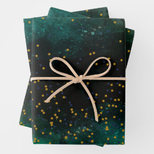 Watercolor Dark Green with Golden Stars Wrapping Paper Sheet