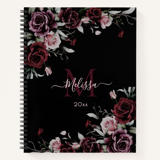 Watercolor Dark Moody Roses Monogram Black Notebook (Front)