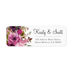 Watercolor Dark Pink Flowers Wedding Address Label Return Address Label