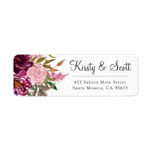 Watercolor Dark Pink Flowers Wedding Address Return Address Label