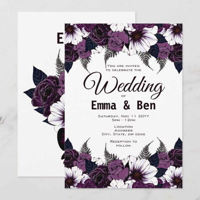 Watercolor Dark Purple Floral Wedding Invitation (Front/Back)