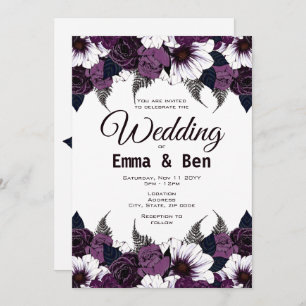 Watercolor Dark Purple Floral Wedding Invitation