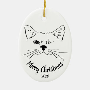 Watercolor Dated Winking Cat fun Merry Christmas Ceramic Ornament