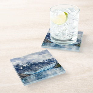 Watercolor Dawes Glacier Alaska Cabins Cosy Lodge Glass Coaster