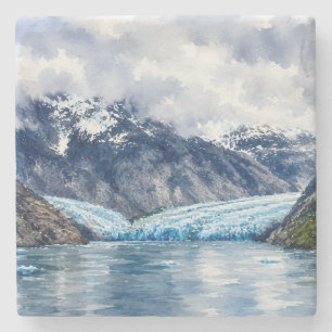 Watercolor Dawes Glacier Alaska Cabins Cosy Lodge Stone Coaster