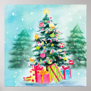 Watercolor Decorated Christmas Tree Poster
