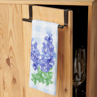 Watercolor Deep Blue Delphinium Pale Blue Gingham Tea Towel