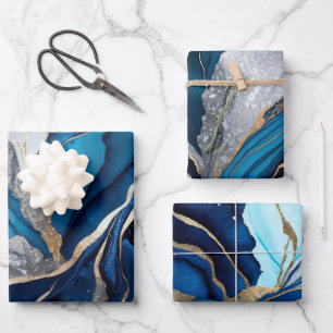 Watercolor Deep Blue, Silver and Gold Alcohol Ink Wrapping Paper Sheet