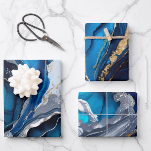 Watercolor Deep Blue, Silver and Gold Alcohol Ink Wrapping Paper Sheet