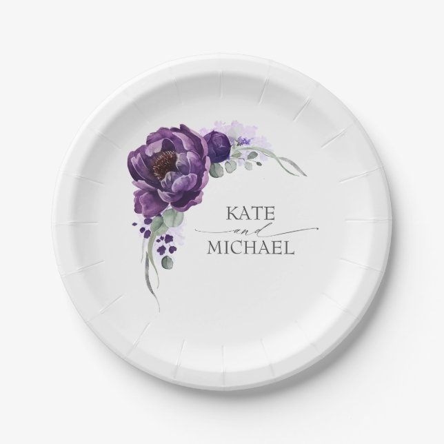 Watercolor Deep Dark Purple Flowers Wedding Paper Plate (Front)