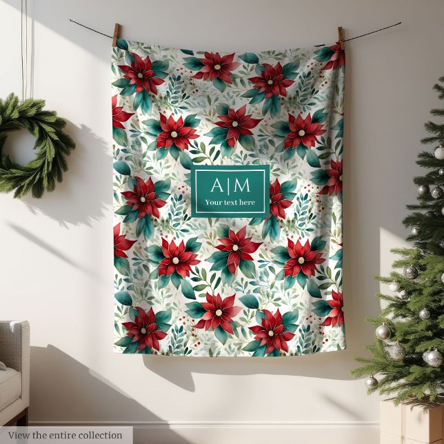 Watercolor deep red poinsettia pastel green custom fleece blanket (Watercolor deep red poinsettia pastel green custom fleece blanket)