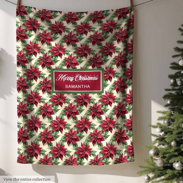 Watercolor Deep Red Poinsettia Sage Green Muted Fleece Blanket (Watercolor Deep Red Poinsettia Sage Green Muted Fleece Blanket)