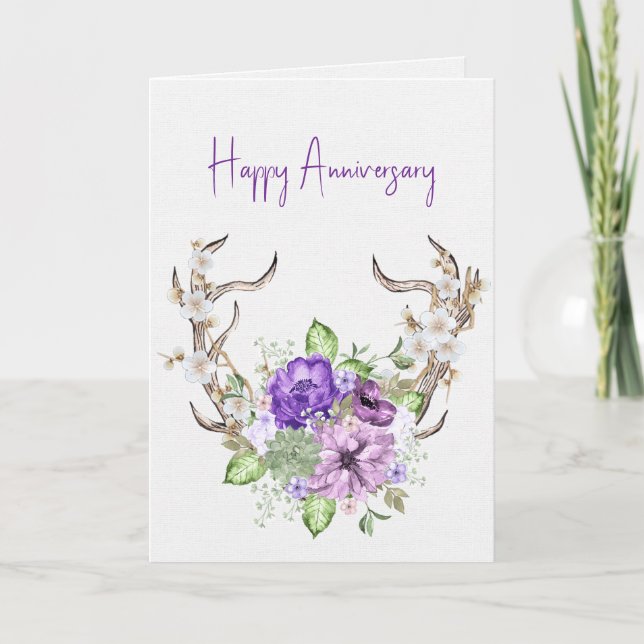 Watercolor Deer Antler Bouquet Anniversary Card (Front)