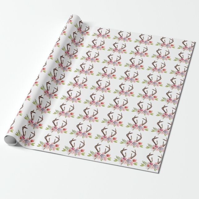 Watercolor Deer Antlers Wildflowers Wrapping Paper (Unrolled)