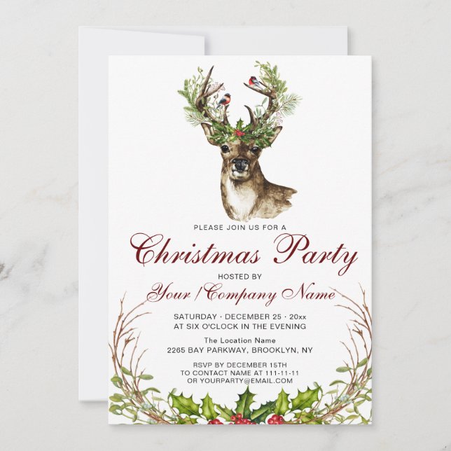 Watercolor Deer, Birds Holly Berry Christmas Party Invitation (Front)