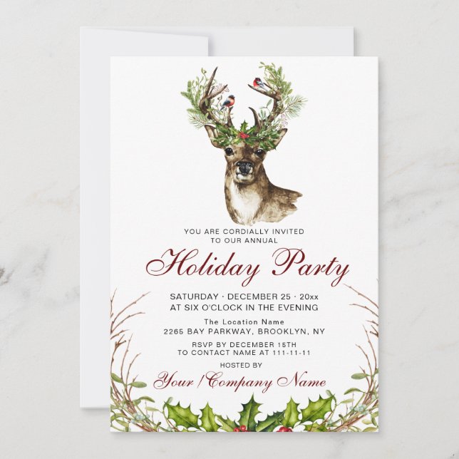 Watercolor Deer, Birds Holly Berry Holiday Party Invitation (Front)