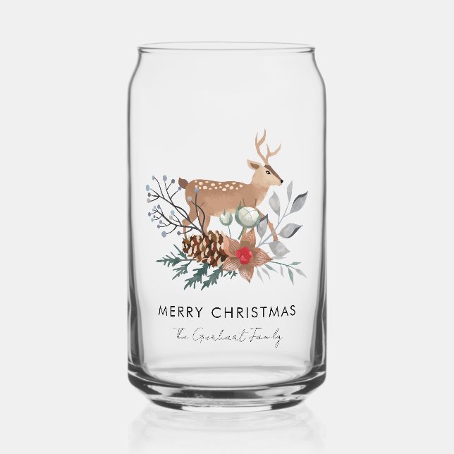 Watercolor Deer Botanical Christmas Holiday Custom Can Glass (Front)
