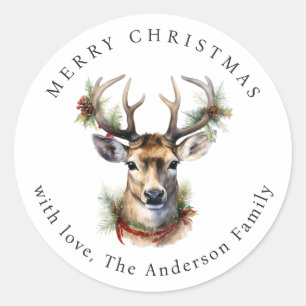 Watercolor Deer Christmas Classic Round Sticker