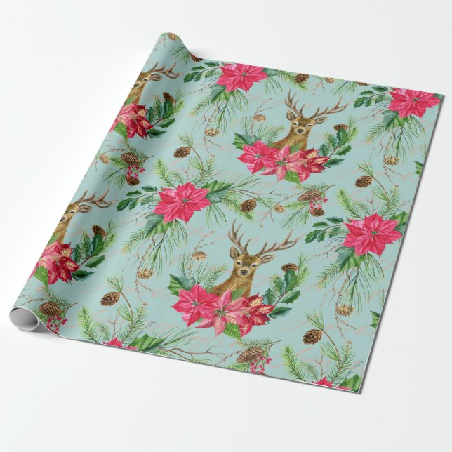 Watercolor Deer Christmas Pattern Wrapping Paper (Unrolled)