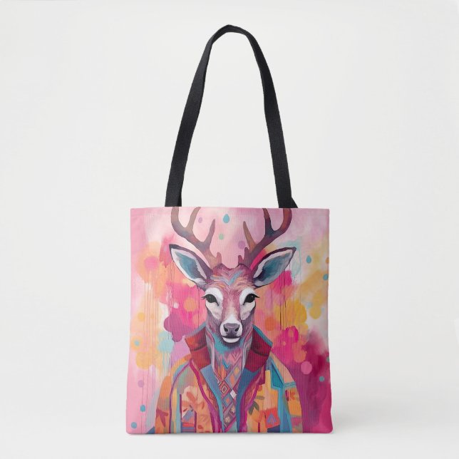Watercolor Deer Colourful Tote Bag (Front)