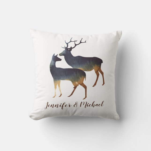Watercolor Deer Couple with Names Cushion (Front)