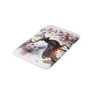 Watercolor Deer & Floral Shower Curtain, Pastel Wo Bath Mat