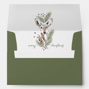 Watercolor Deer Holiday Pine Boughs Green Envelope