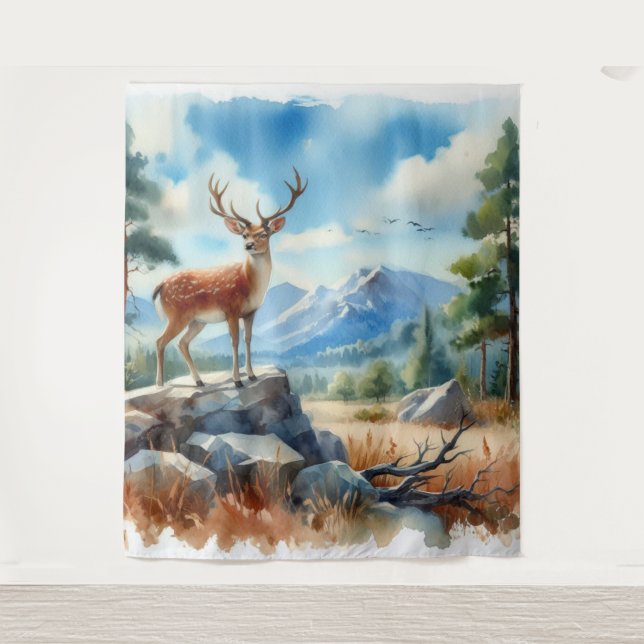 Watercolor Deer in Nature  Tapestry (Front)