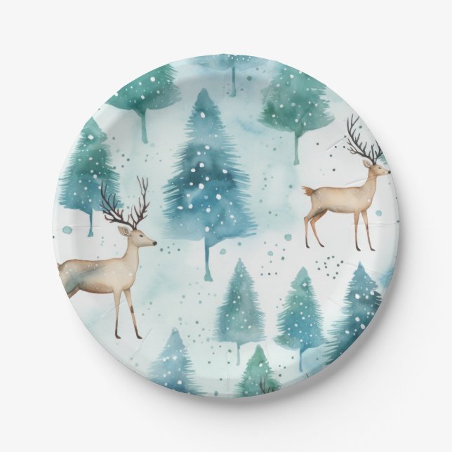 Watercolor Deer In Winter Forest Christmas  Paper Plate (Front)