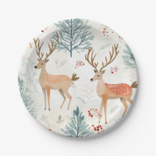 Watercolor Deer In Winter Forest Christmas  Paper Plate