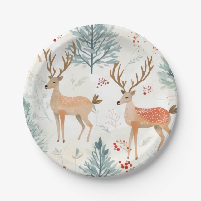 Watercolor Deer In Winter Forest Christmas  Paper Plate (Front)