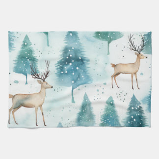 Watercolor Deer In Winter Forest Christmas Tea Towel