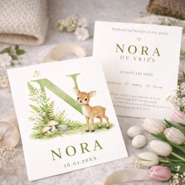 Watercolor Deer Monogram N Birth Card (Creator Uploaded)